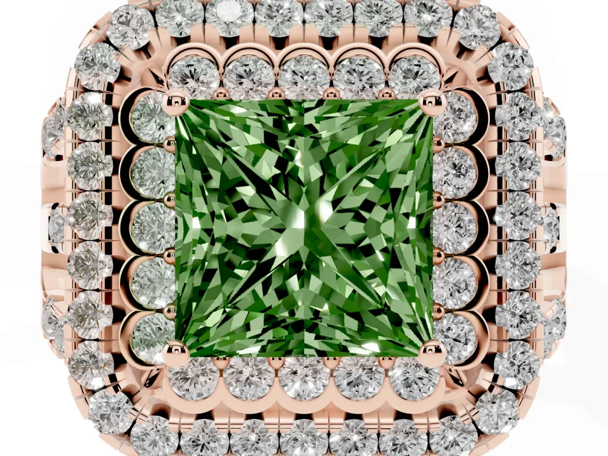 Fancy Green Princess Cut Diamond Double Halo Ring with Round Pavé Split Shank and Prong Setting Rose gold