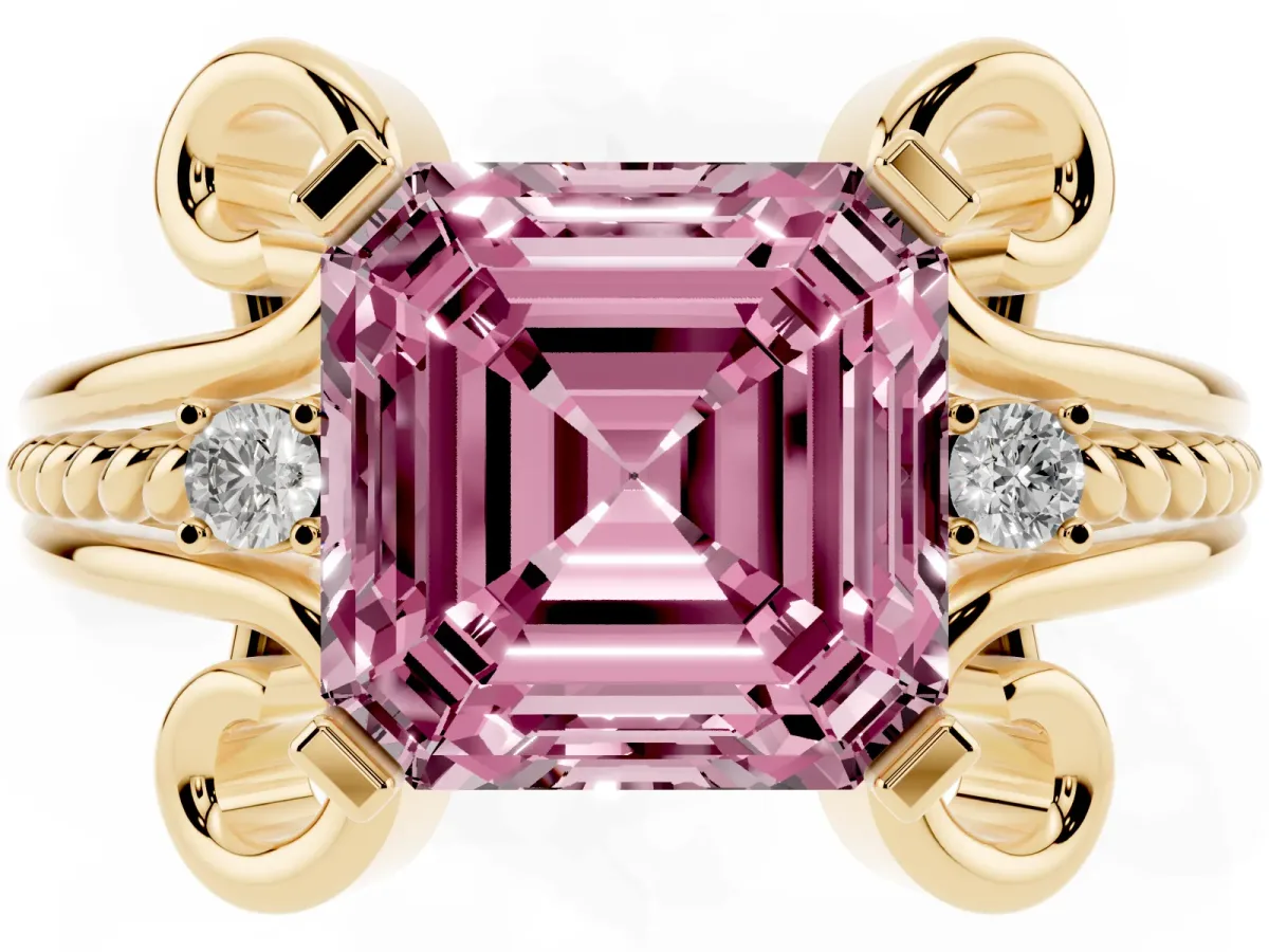 Fancy Pink Asscher Cut Solitaire Twisted Band Scroll Prong Ring Yellow gold