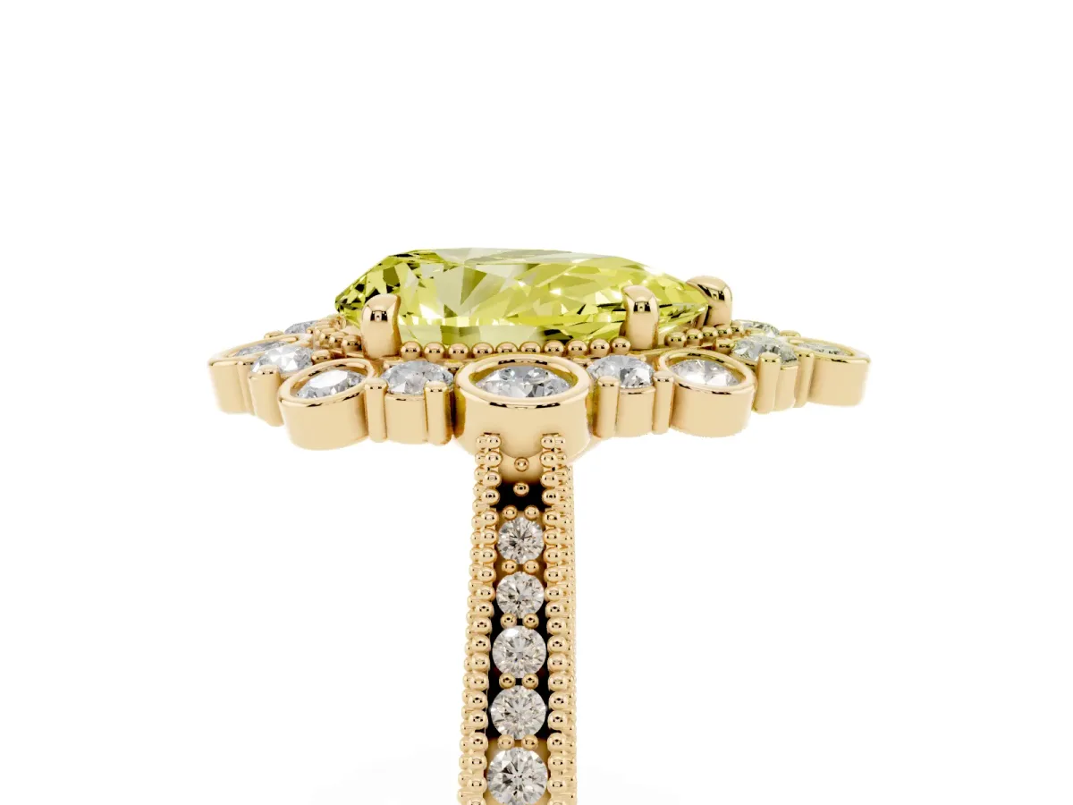 Fancy Yellow Pear Cut Halo Milgrain Pave Diamond Ring with Four-Prong Setting Yellow gold