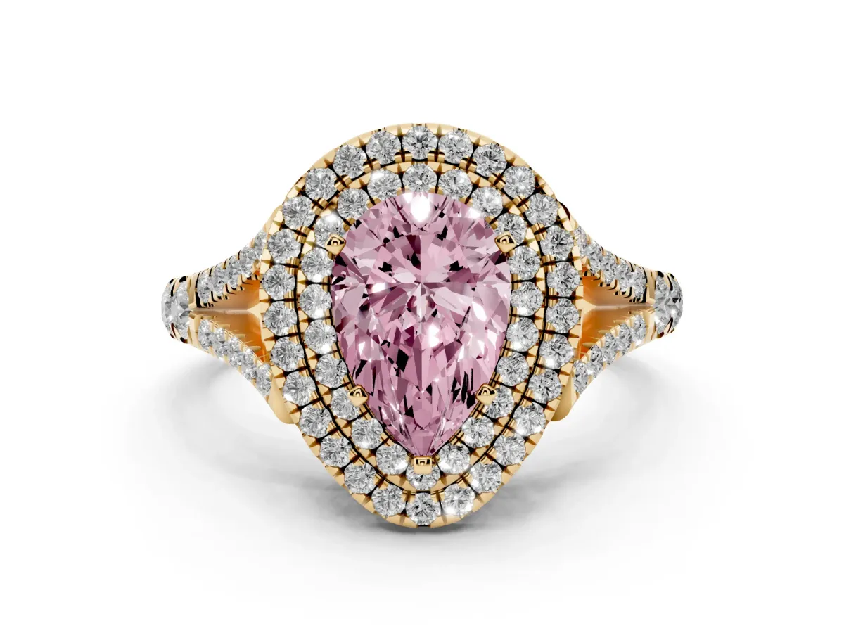 Fancy Pink Pear Cut Cut Double Halo Split Shank Diamond Ring with Prong Setting Yellow gold