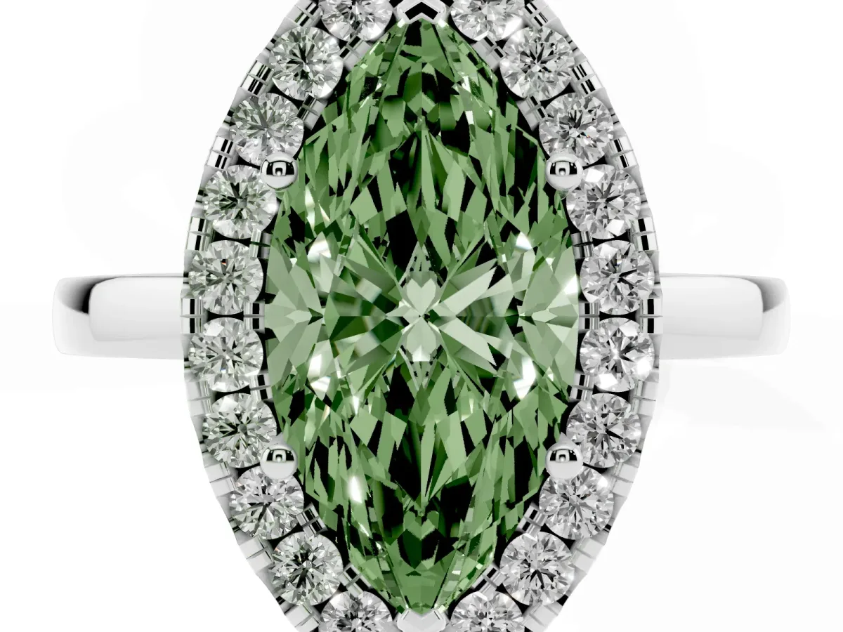 Fancy Green Marquise Cut Halo Diamond Solitaire with Pavé Band and Four-Prong Setting White gold