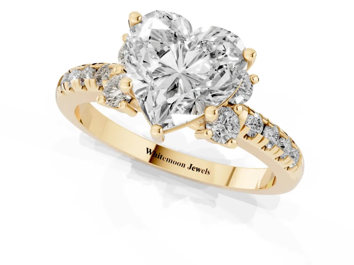 Heart Cut Diamond Three-Stone Pave Band with Four-Prong Setting Yellow gold