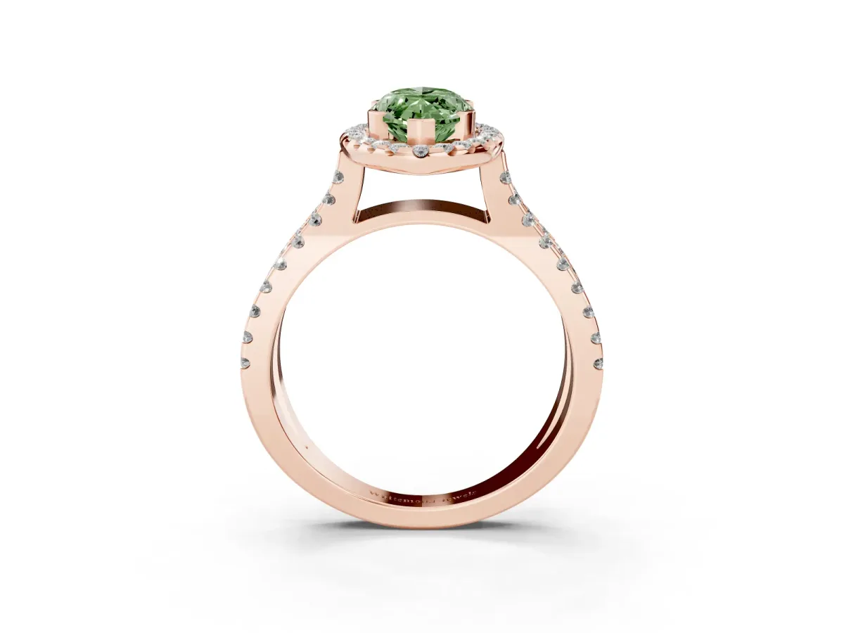 Fancy Green Marquise Cut Diamond Halo Ring with Split Shank Pavé Band and Prong Setting Rose gold