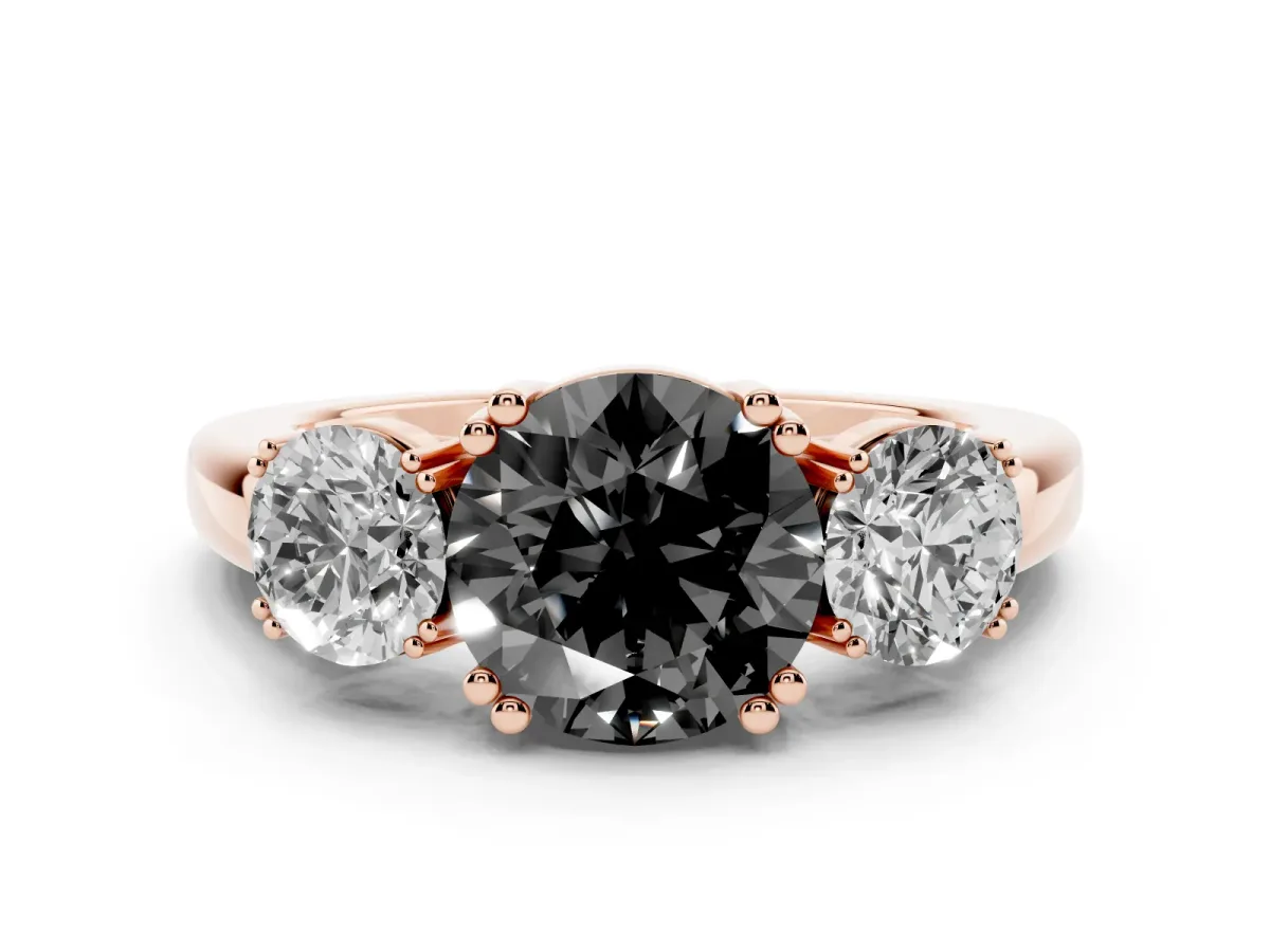 Fancy Black Three-Stone Round Cut Cut Diamond Ring with Channel Set Band and Four-Prong Setting Rose gold