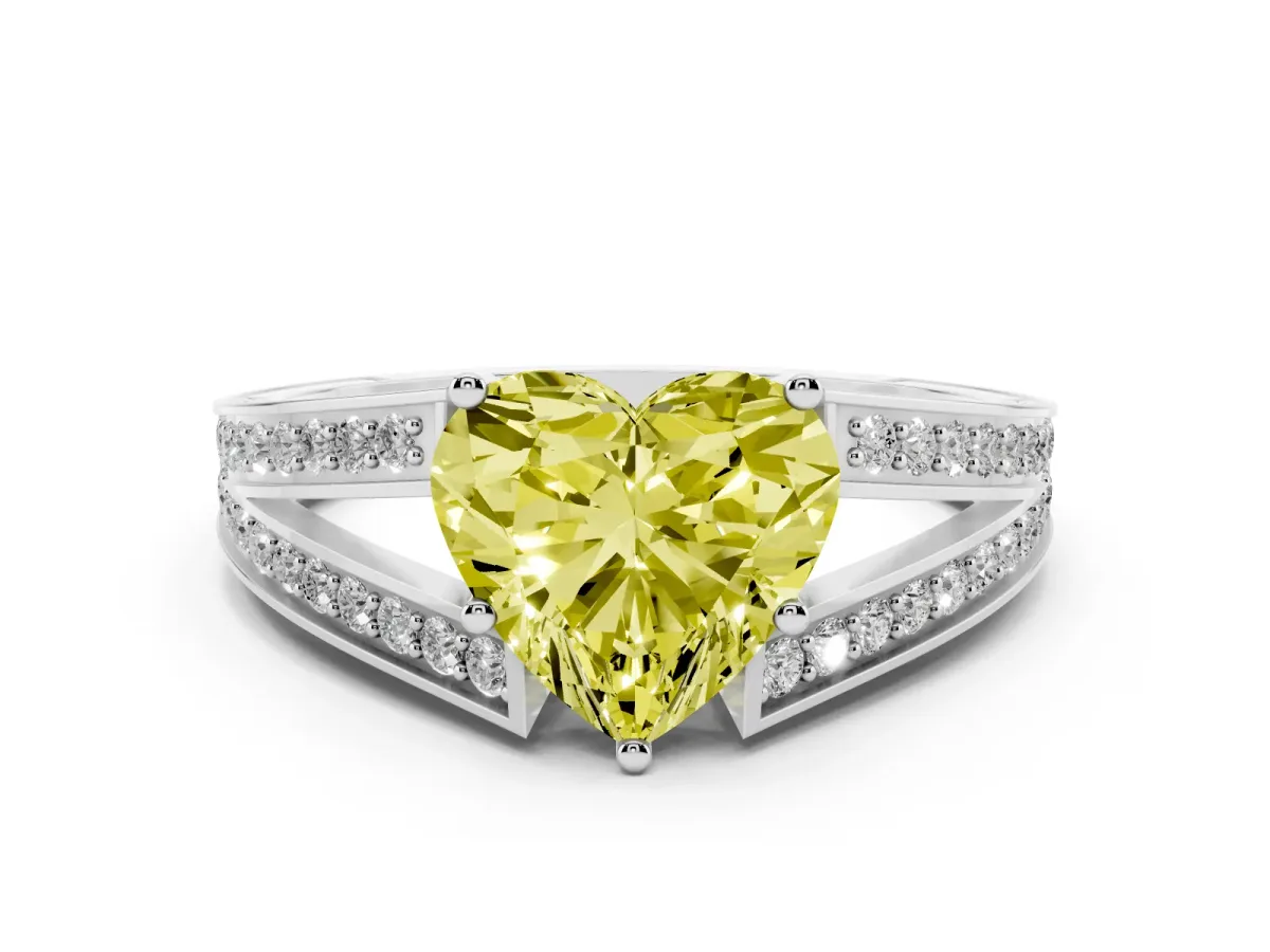Fancy Yellow Heart Cut Diamond Split Shank Ring with Pavé Band and Four-Prong Setting Platinum