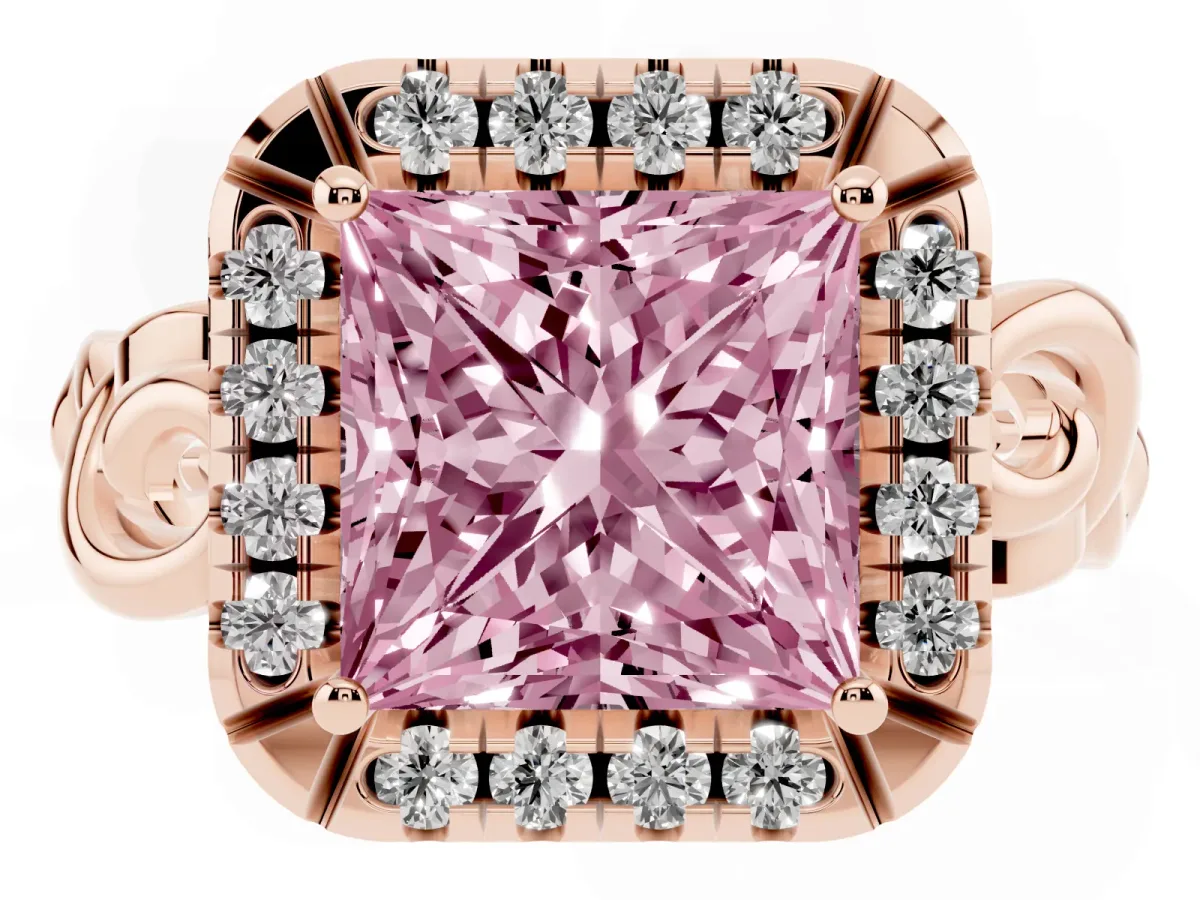 Fancy Pink Princess Cut Cut Halo Diamond Ring with Scrollwork Band and Four-Prong Setting Rose gold