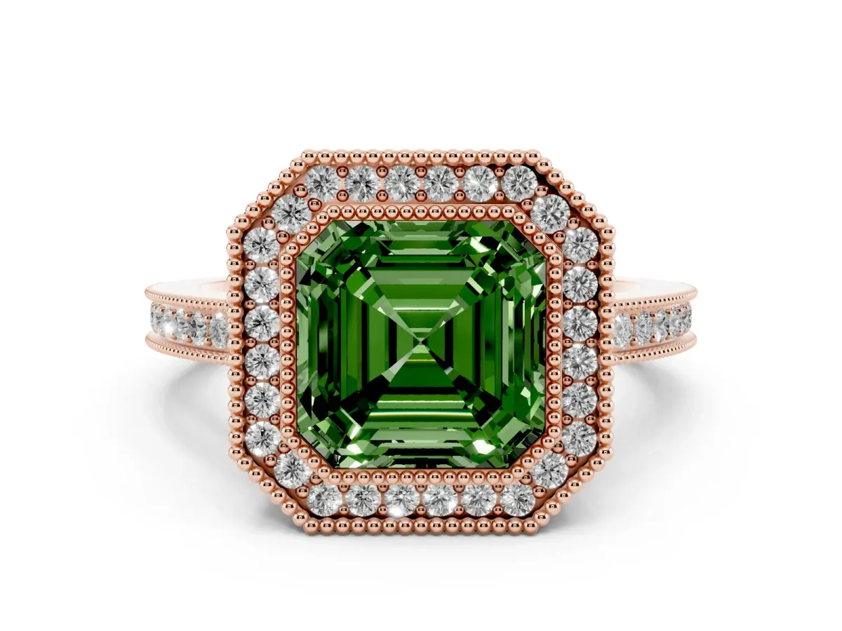 Fancy Green Asscher Cut Cut Halo Diamond Ring with Pavé Band and Milgrain Prong Setting Rose gold