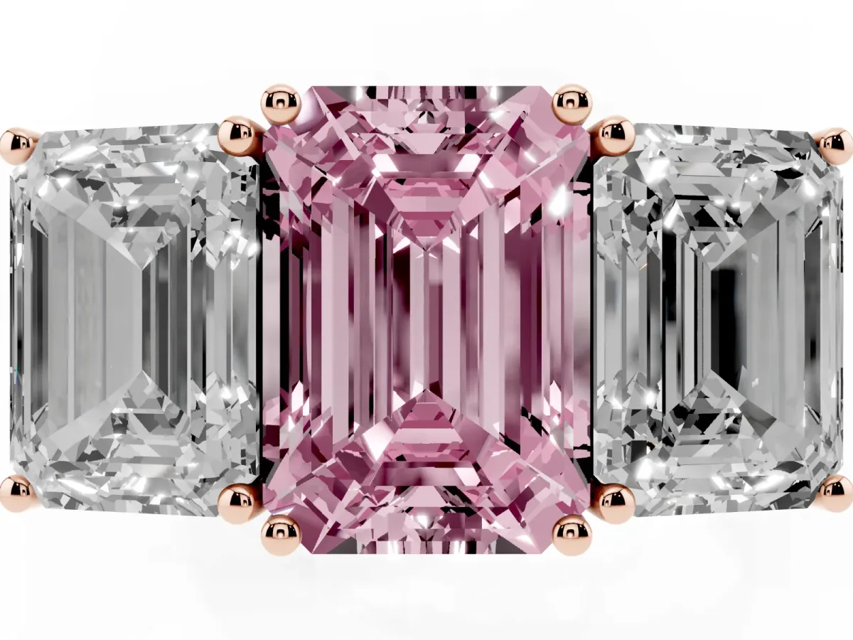 Fancy Pink Emerald Cut Diamond Three-Stone Ring with Prong Setting and Textured Band Rose gold