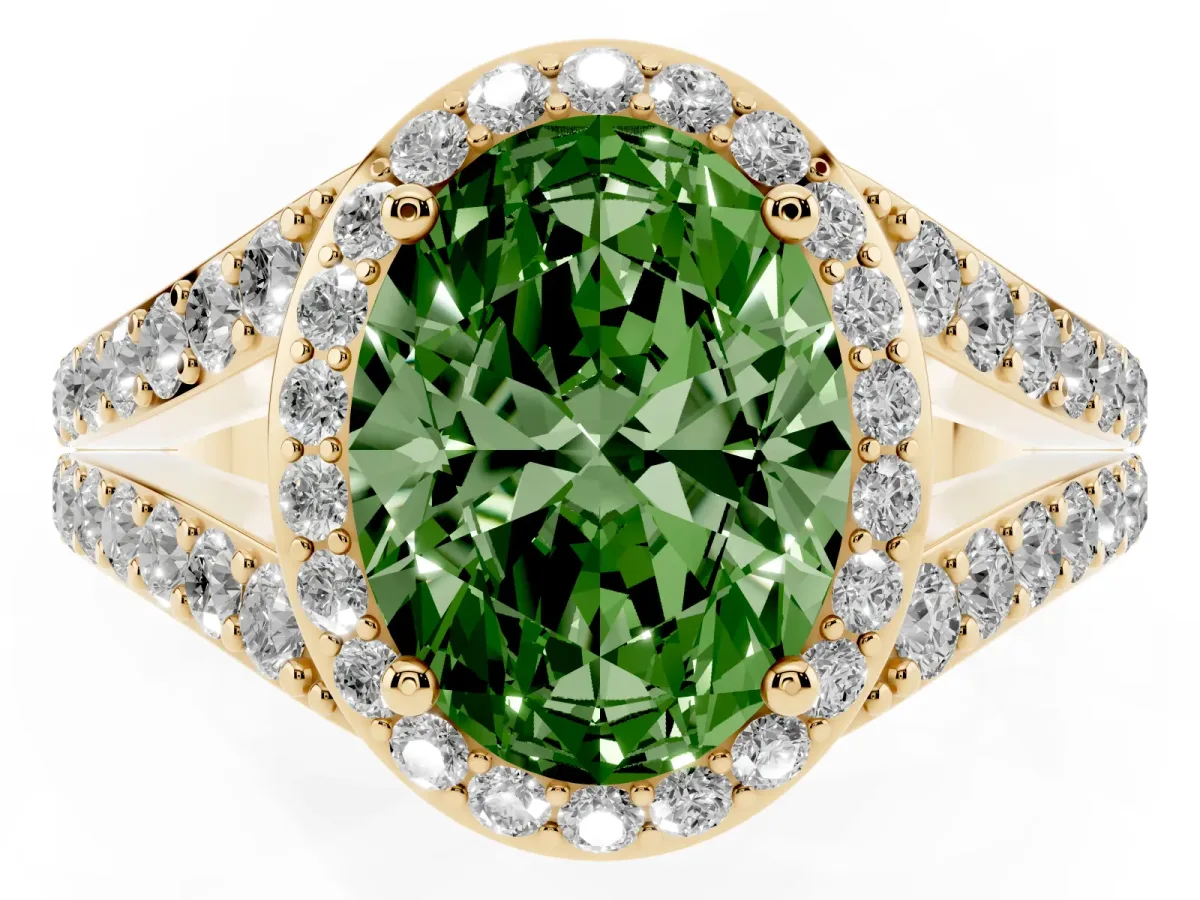 Fancy Green Oval Cut Diamond Split Shank Halo Ring with Four-Prong Setting Yellow gold