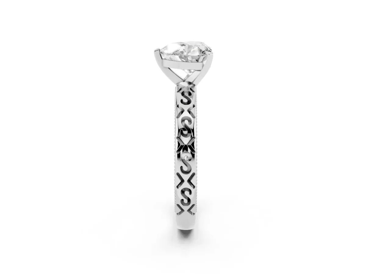 Heart Cut Solitaire Engagement Ring with Scrollwork Band and Four-Prong Setting White gold