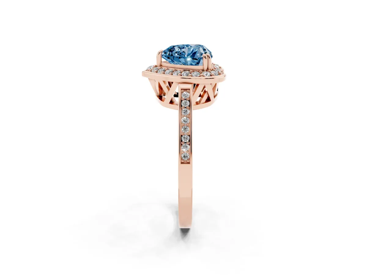 Fancy Blue Heart Cut Diamond Halo Ring with Split Shank and Four-Prong Setting Rose gold
