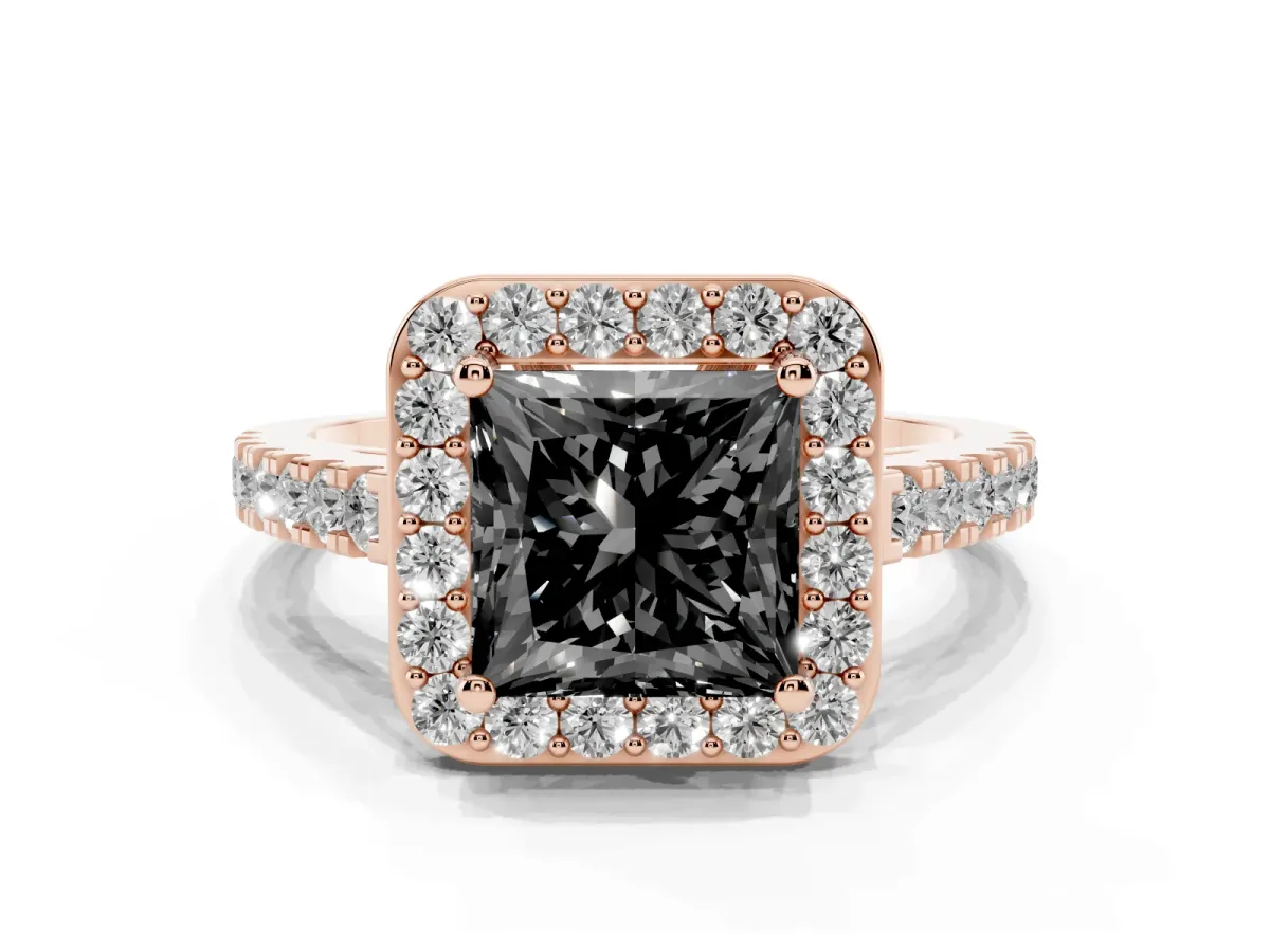 Fancy Black Princess Cut Diamond Halo Ring with Round Pavé Split Shank and Prong Setting Rose gold