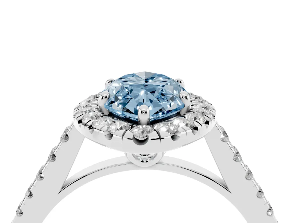 Fancy Blue Marquise Cut Halo Pavé Diamond Engagement Ring with Four-Prong Setting Platinum