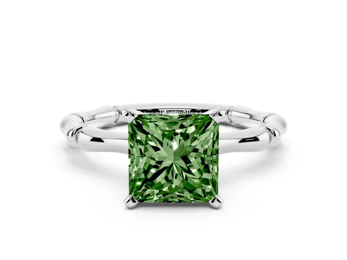 Fancy Green Princess Cut Solitaire Diamond Ring with Bamboo Band and Four-Prong Setting Silver