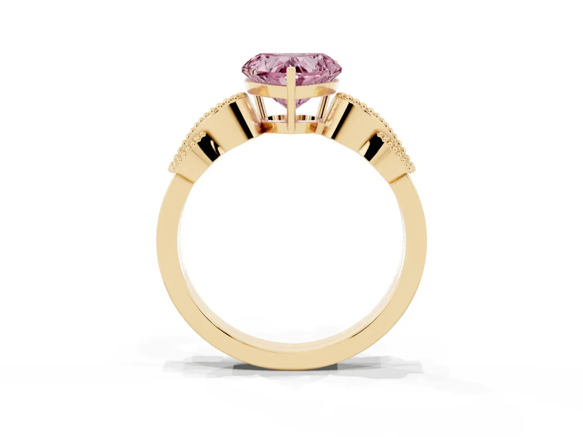 Fancy Pink Heart Cut Solitaire Milgrain Leaf Band with Prong Setting Yellow gold