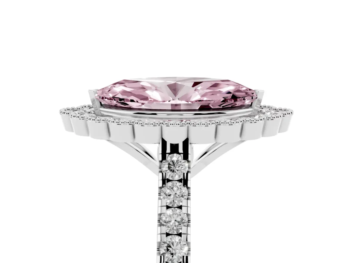 Fancy Pink Marquise Cut Cut Diamond Milgrain Floral Halo Engagement Ring with Pavé Band Silver