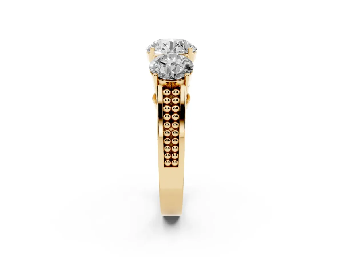 Round Cut Diamond Three-Stone Ring with Prong Setting and Textured Band Yellow gold