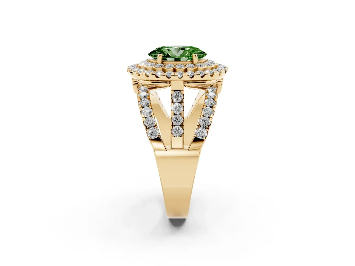 Fancy Green Oval Cut Diamond Double Halo Ring with Round Pavé Split Shank and Prong Setting Yellow gold
