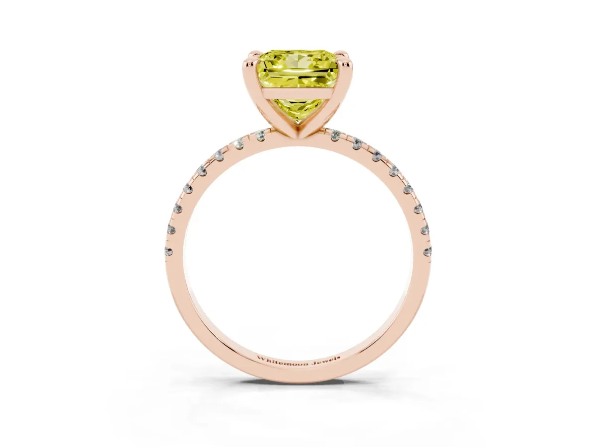 Fancy Yellow Princess Cut Diamond Brilliant Solitaire Ring with Pavé Band and Four-Prong Setting Rose gold