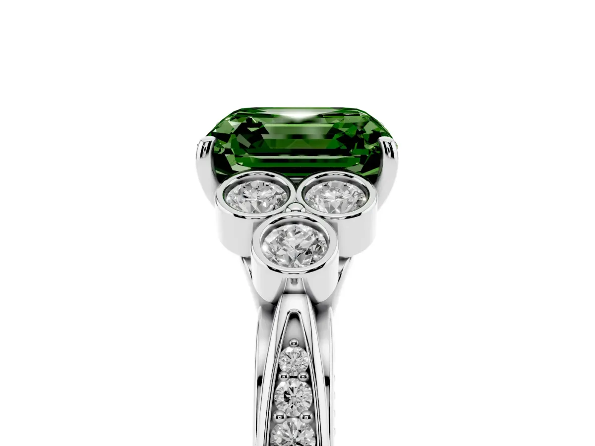 Fancy Green Asscher Cut Cut Diamond Engagement Ring with Bezel Set Round Side Stones and Prong Setting Platinum