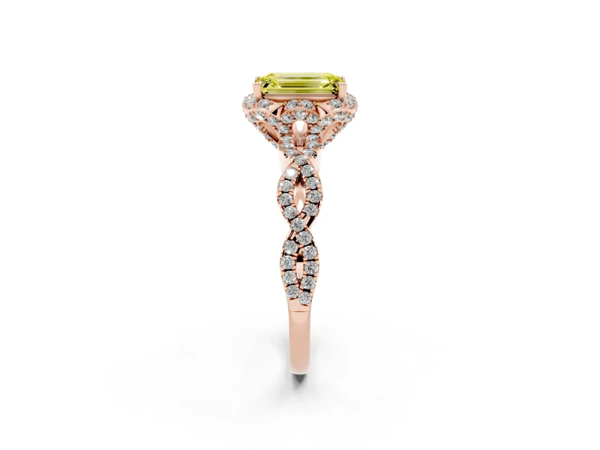 Fancy Yellow Emerald Cut Halo Twist Band Solitaire Ring with Six-Prong Setting Rose gold