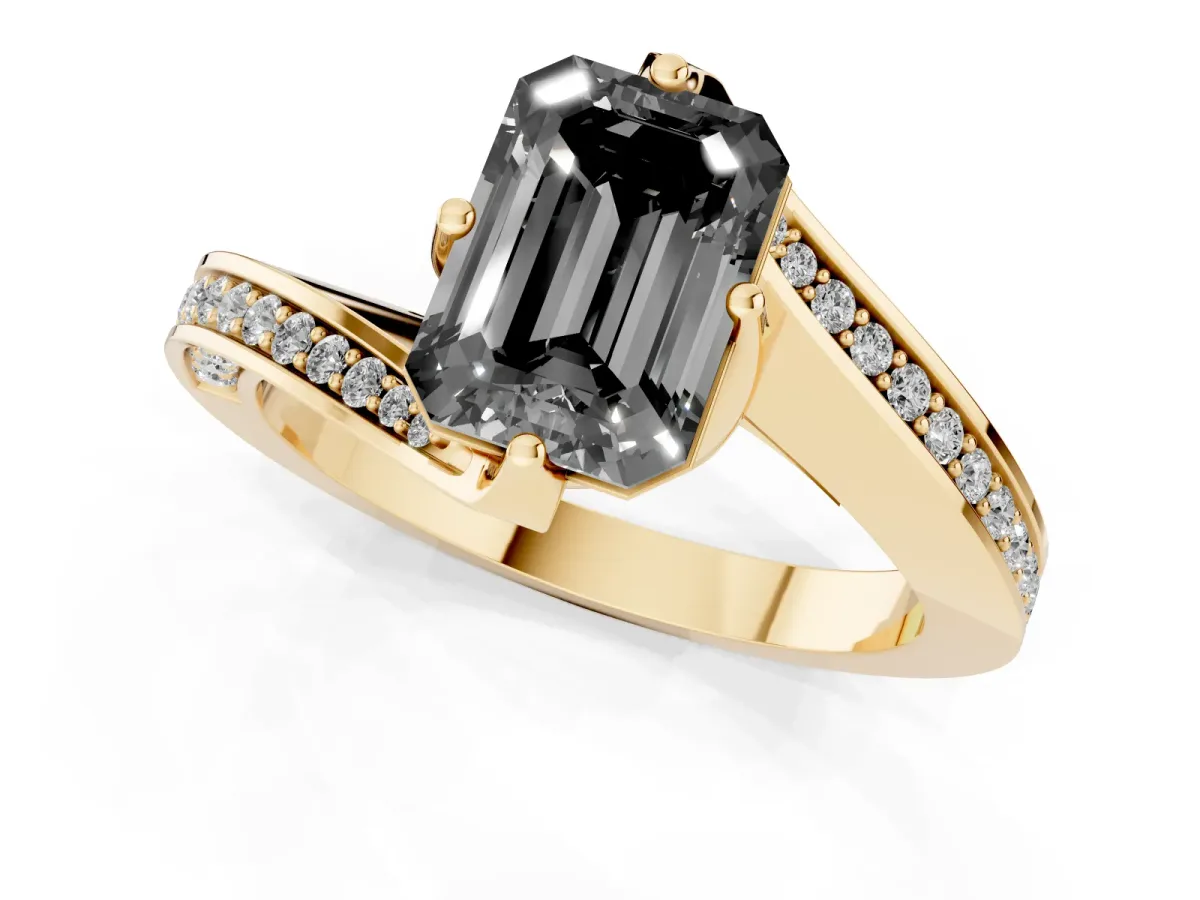 Fancy Black Emerald Cut Solitaire Diamond Twist Band with Pavé Setting and Four-Prong Setting Yellow gold