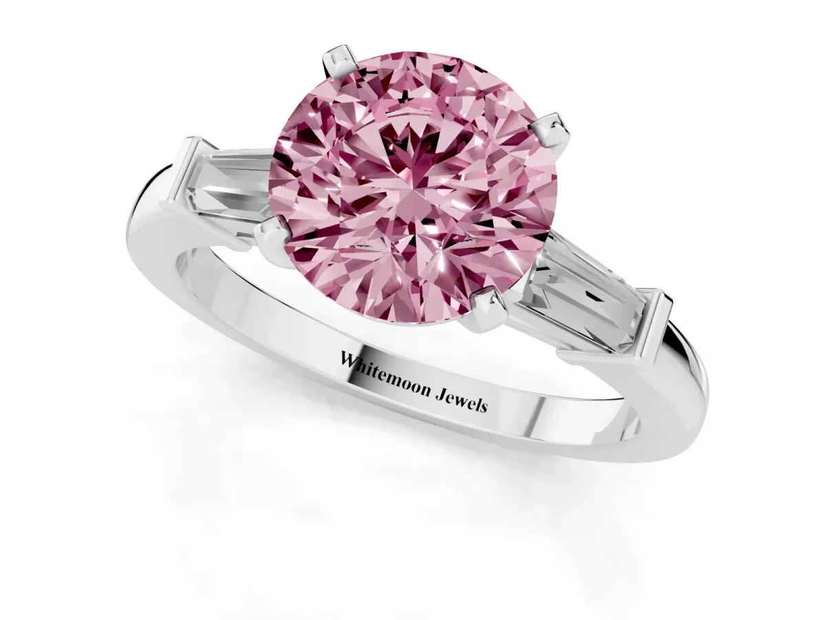 Fancy Pink Round Cut Cut Diamond Solitaire Ring with Tapered Baguette Accents and Four-Prong Setting Silver