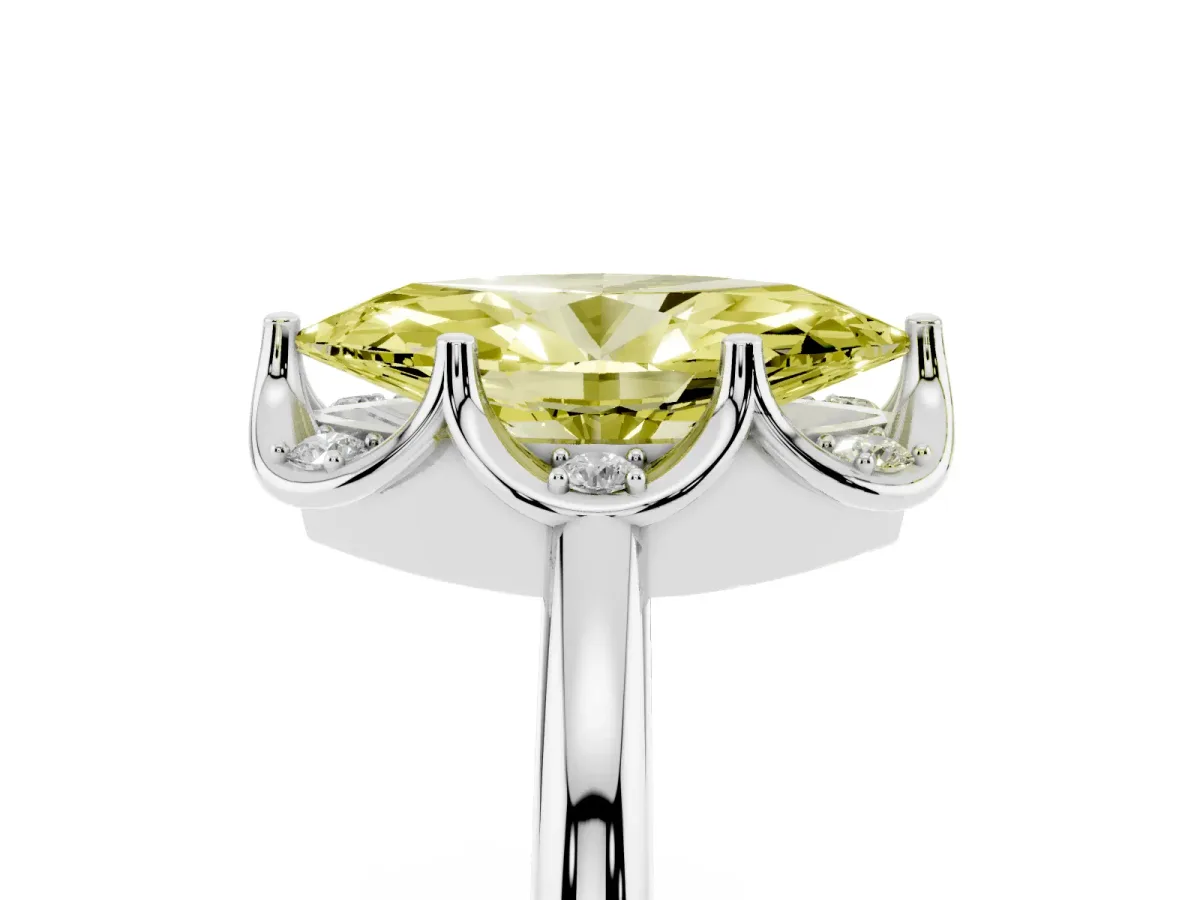 Fancy Yellow Marquise Cut Halo Diamond Ring with Round Cluster Setting, Solitaire Band, and Four-Prong Setting White gold