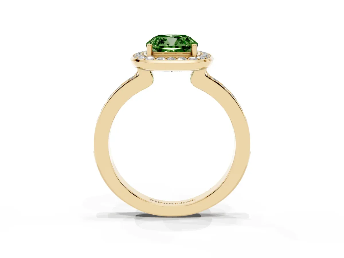 Fancy Green Cushion Cut Diamond Halo Ring with Bezel Frame and Pavé Band Yellow gold