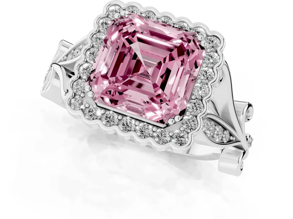 Fancy Pink Asscher Cut Diamond Halo Ring with Vintage Split Shank and Four-Prong Setting Silver