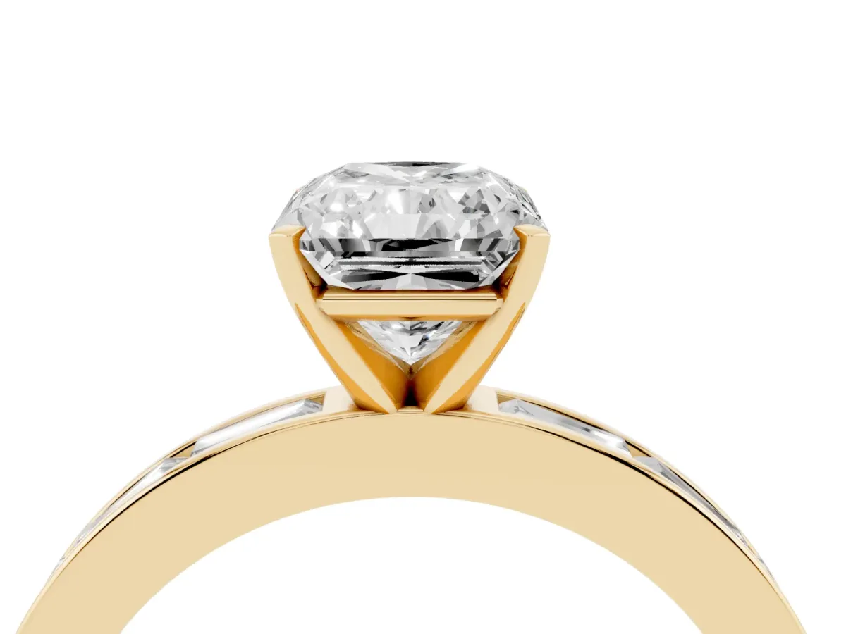 Radiant Cut Solitaire Diamond Ring with Channel-Set Baguette Band and Four-Prong Setting Yellow gold