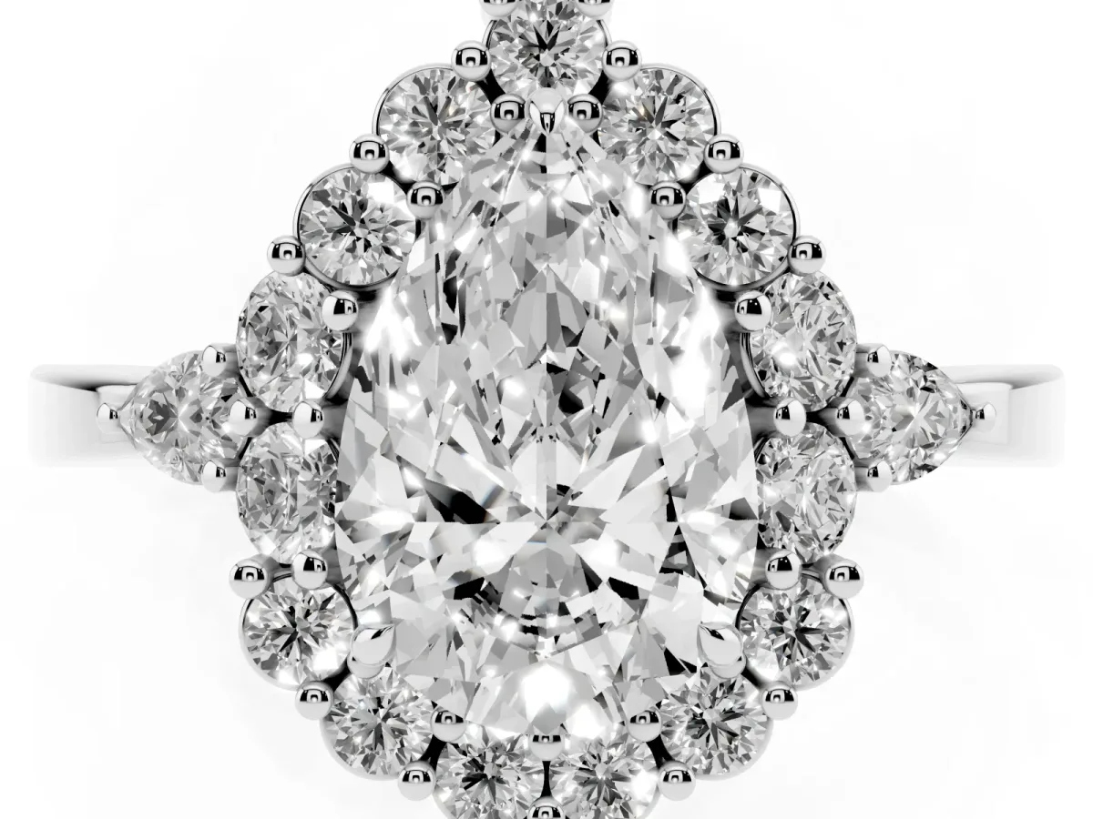 Pear Cut Diamond Halo Ring with Pear Side Stones and Prong Setting Platinum