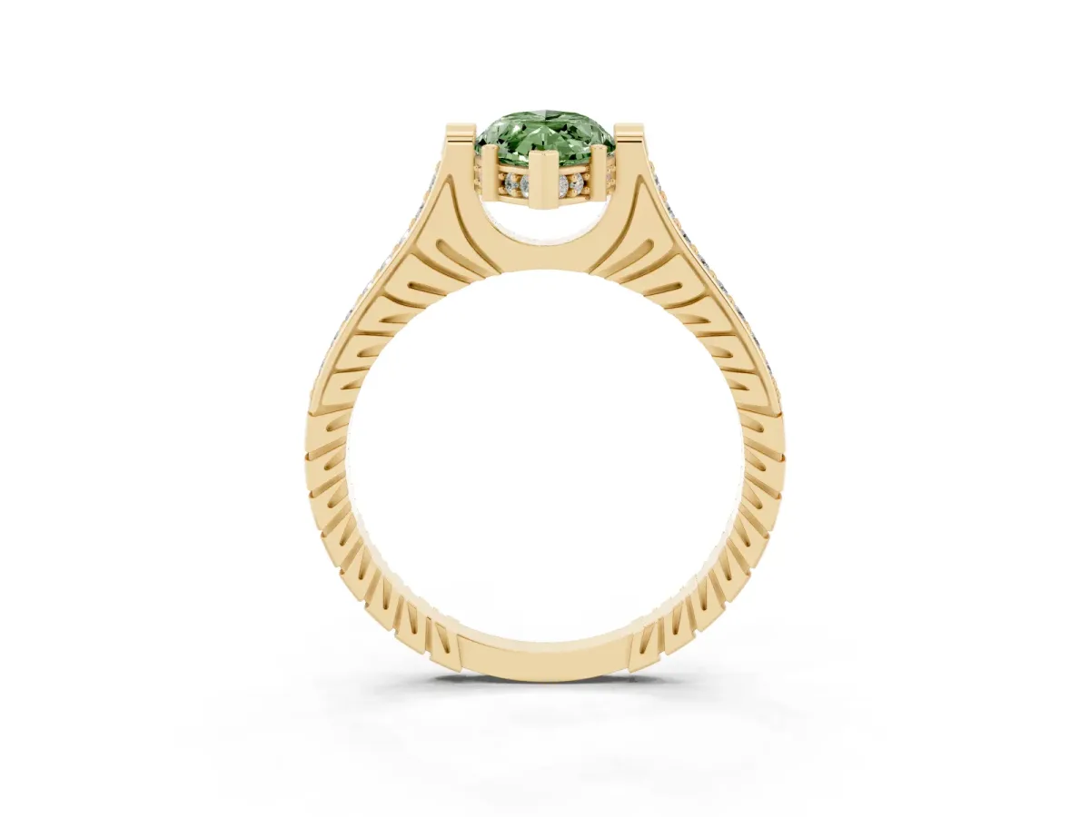 Fancy Green Marquise Cut Solitaire Diamond Ring with Channel Set Band and Bezel Prong Setting Yellow gold