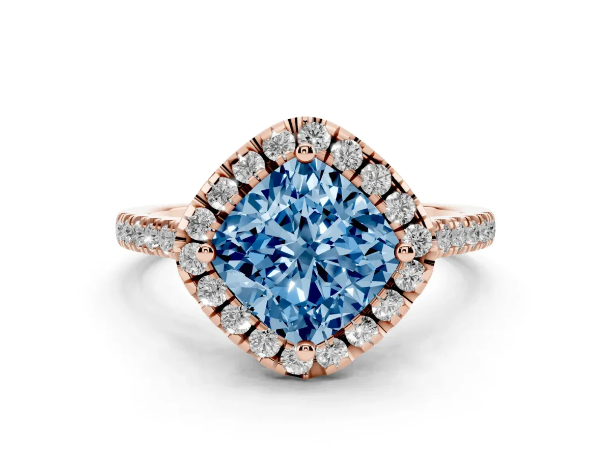Fancy Blue Cushion Cut Diamond Cushion Halo Ring with Pavé Band Rose gold