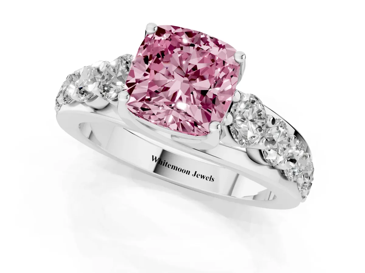 Fancy Pink Cushion Cut Diamond Engagement Ring with Pavé Band and Four-Prong Setting Silver
