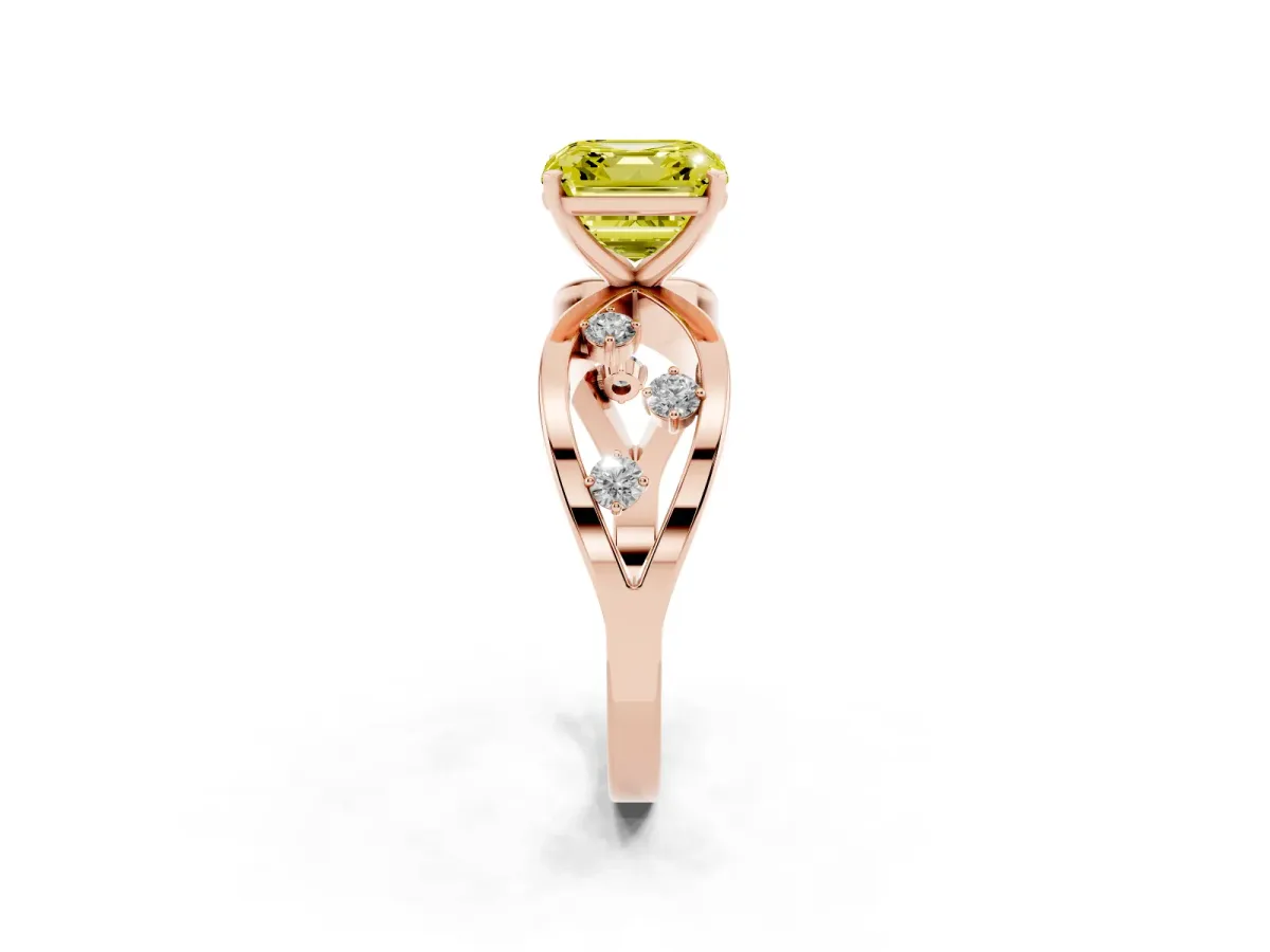 Fancy Yellow Asscher Cut Cut Solitaire Diamond with Side Stones on Criss-Cross Band and Four-Prong Setting Rose gold