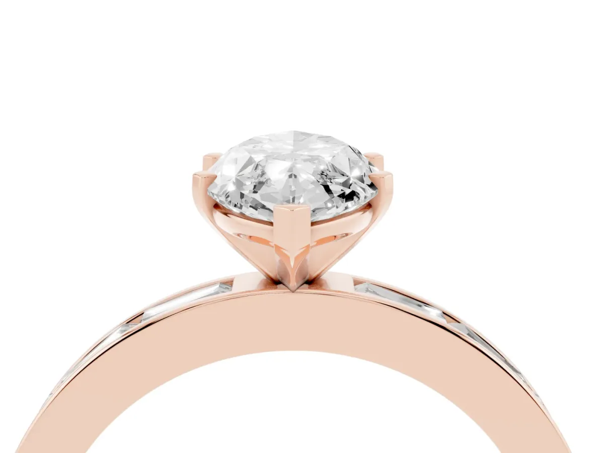 Marquise Cut Solitaire Diamond Ring with Channel-Set Baguette Band and Four-Prong Setting Rose gold