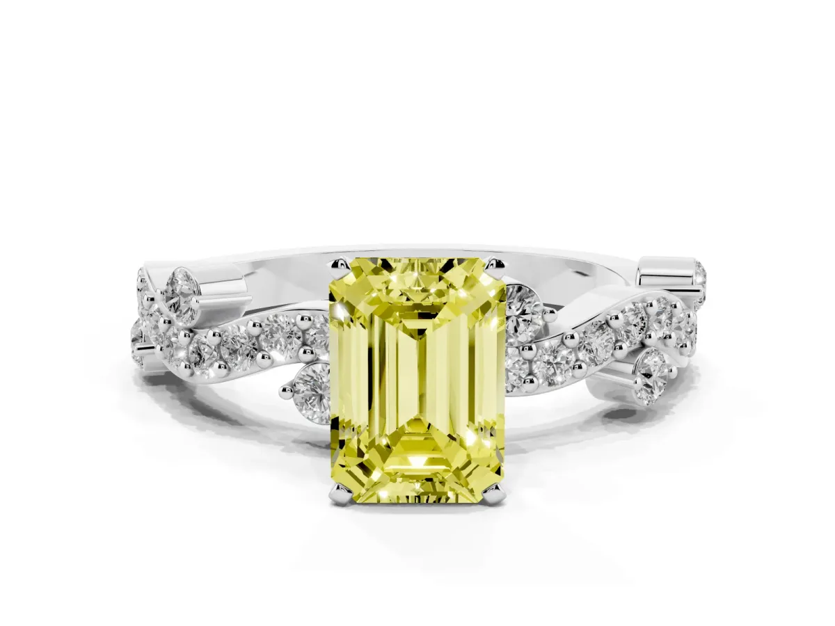 Fancy Yellow Emerald Cut Cut Solitaire Diamond Twisted Band with Pave Setting Silver