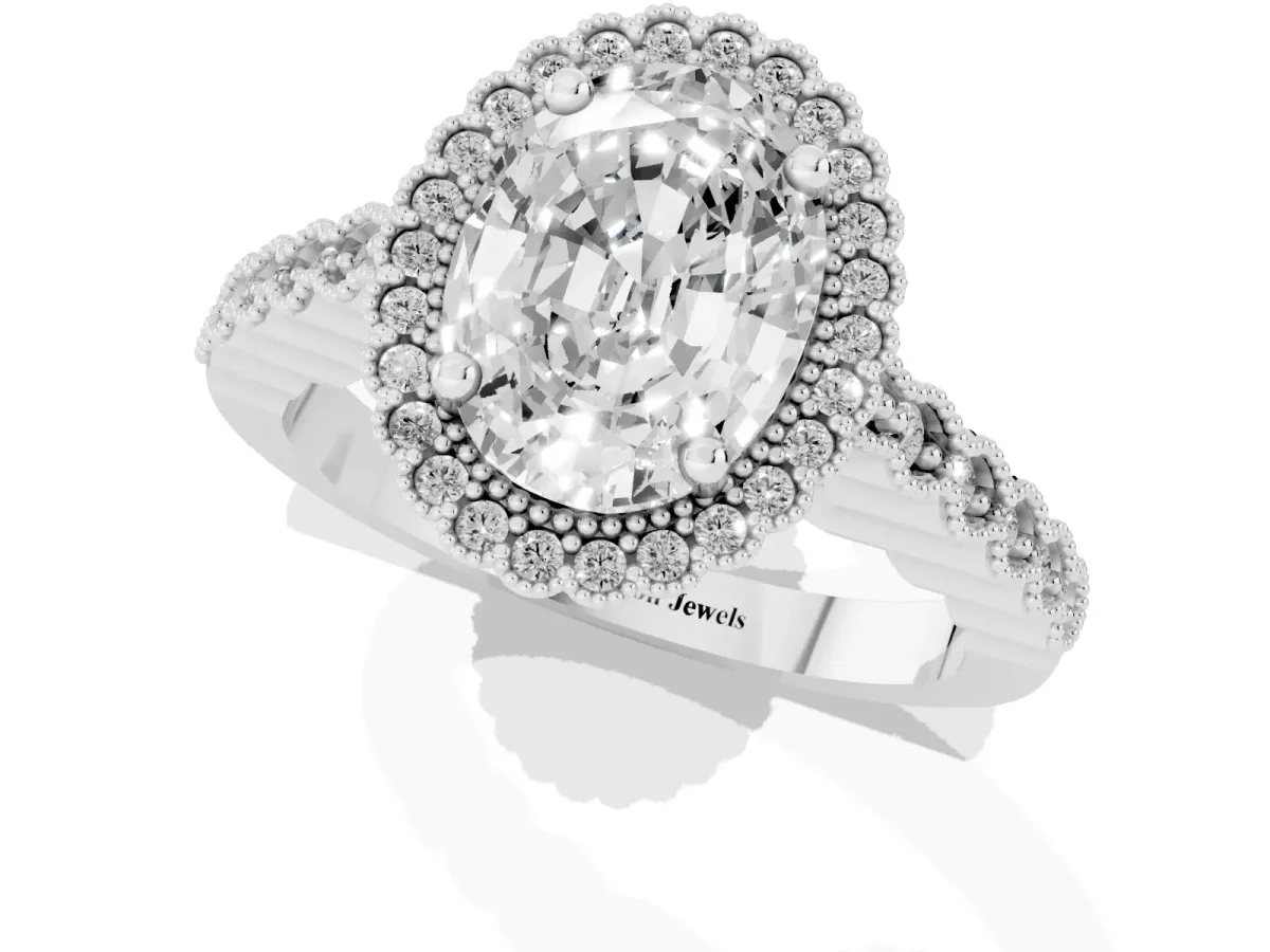Oval Cut Cut Halo Pavé Solitaire Ring with Milgrain Band Silver