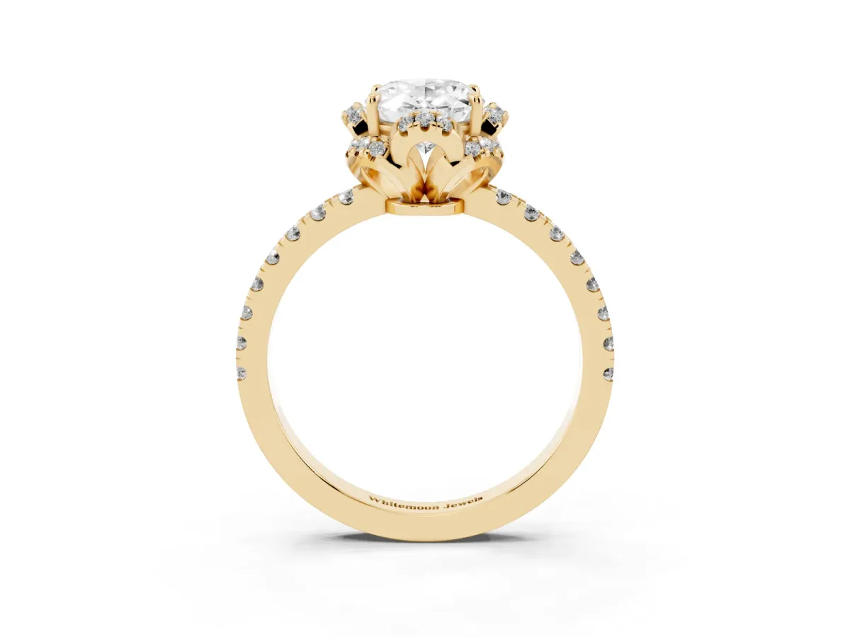 Oval Cut Halo Diamond Pave Band Ring with Four-Prong Setting Yellow gold