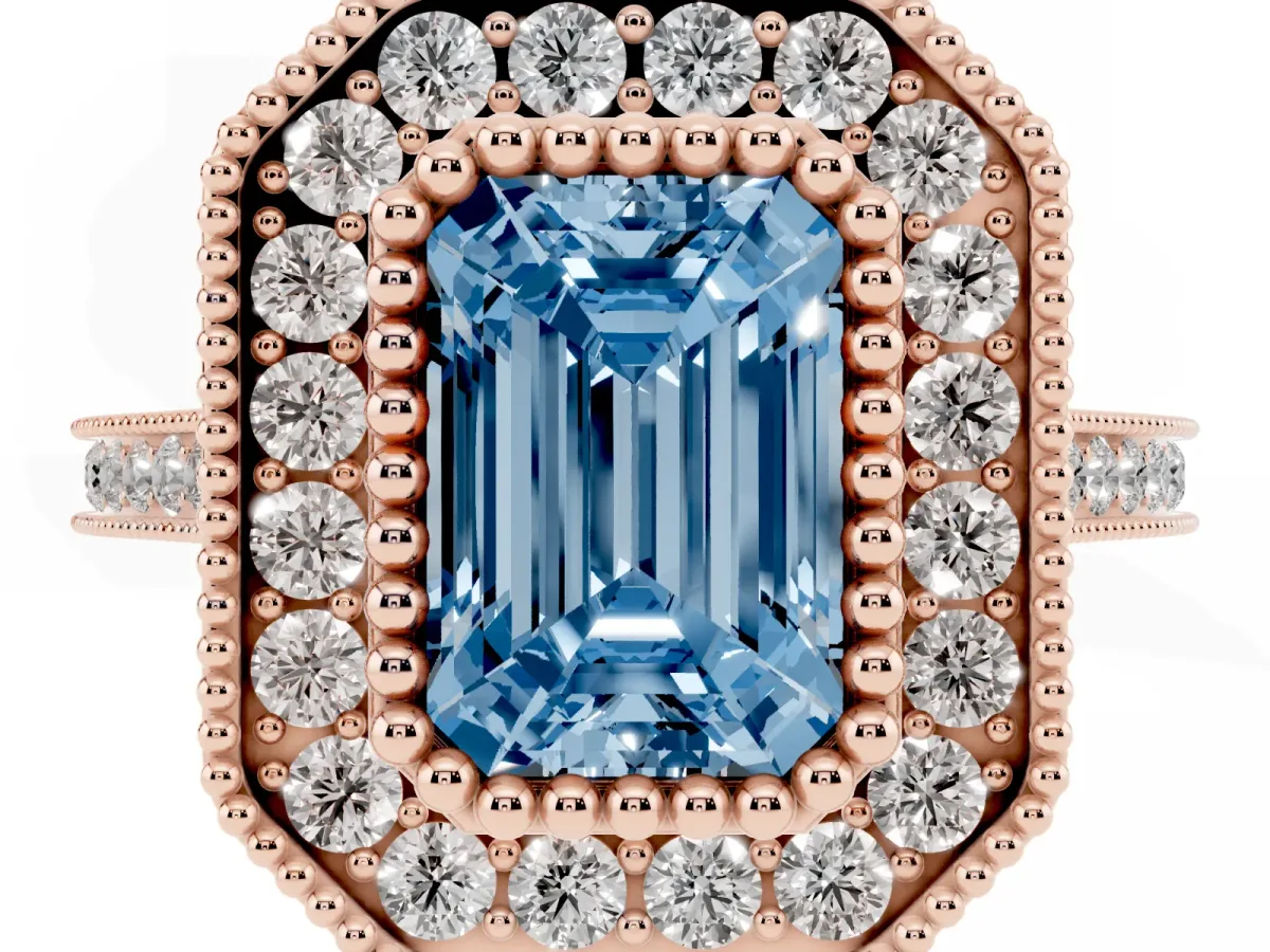 Fancy Blue Emerald Cut Diamond Halo Ring with Milgrain Frame and Pavé Band Rose gold