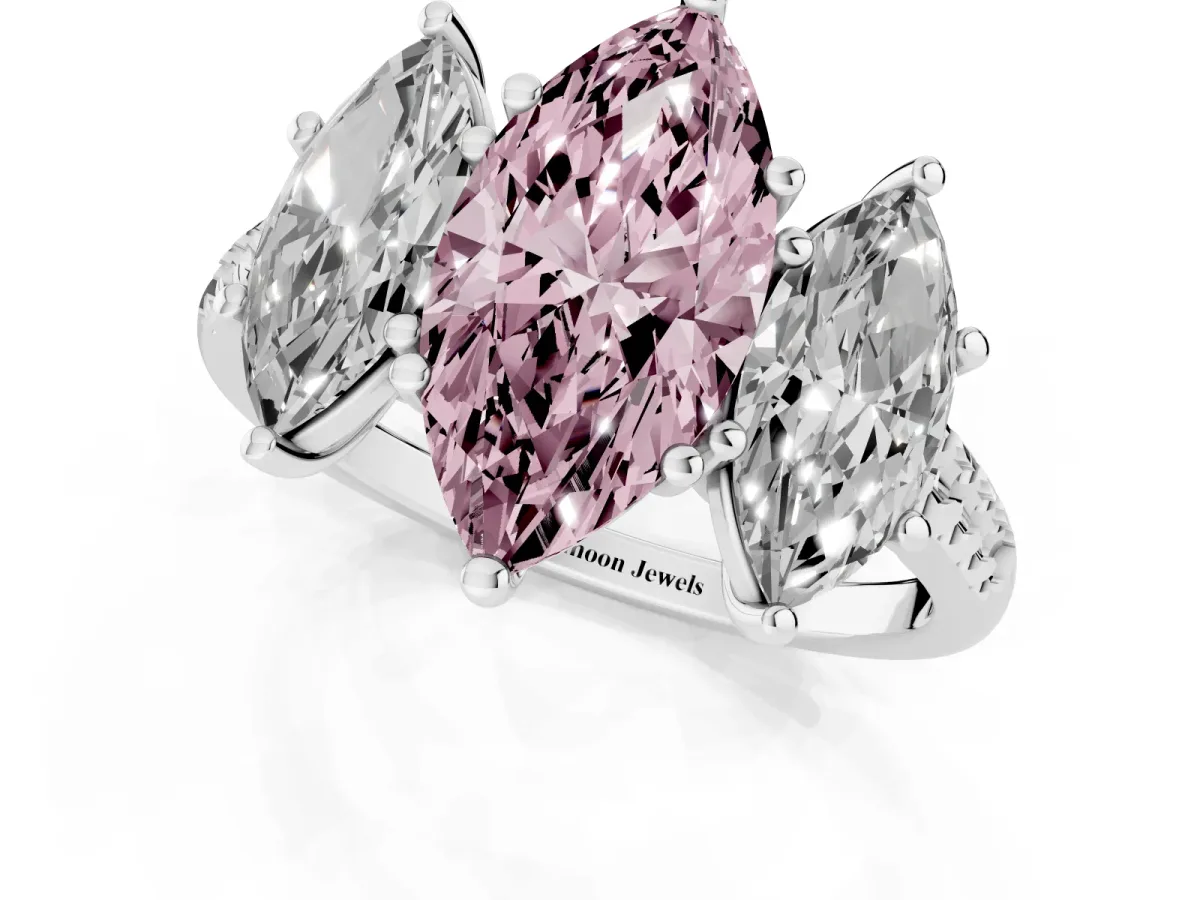 Fancy Pink Three-Stone Marquise Cut Diamond Ring with Round Pavé Band and Prong Setting Silver