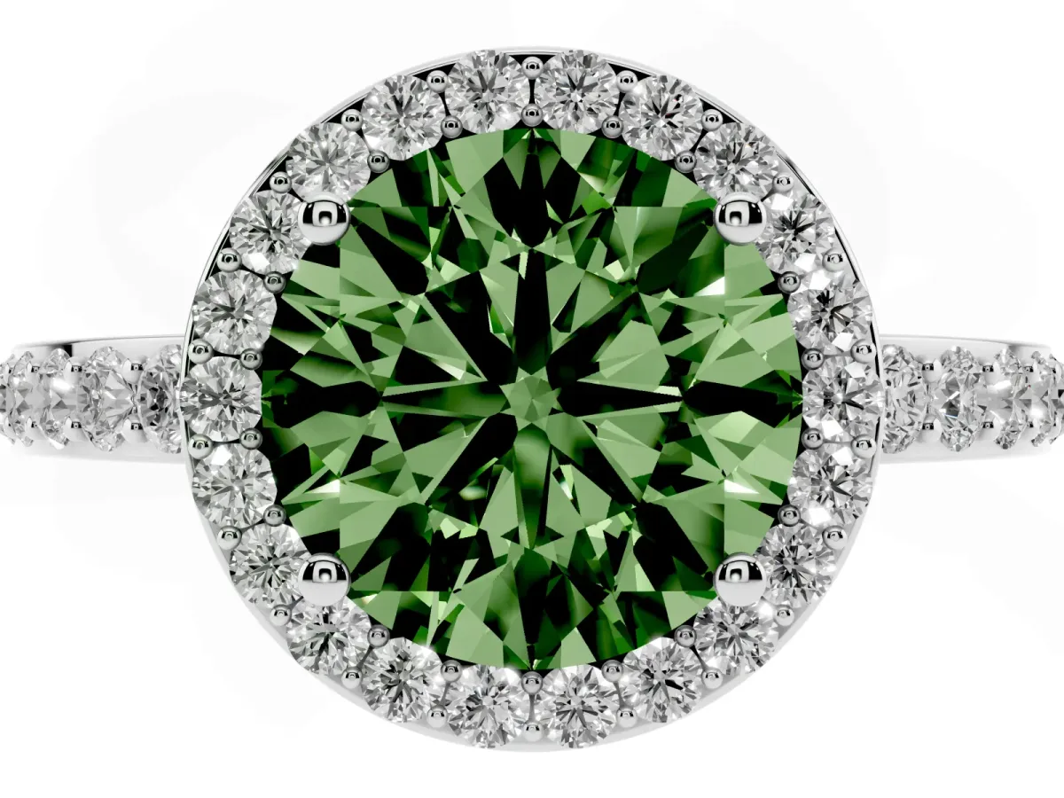 Fancy Green Round Cut Halo Diamond Pavé Band Ring with Prong Setting Silver