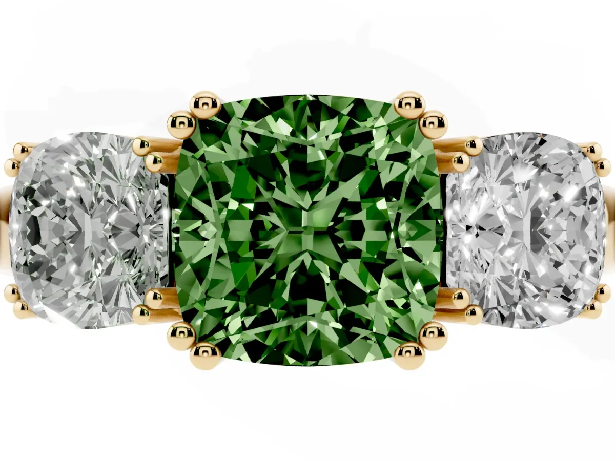 Fancy Green Three-Stone Cushion Cut Cut Diamond Ring with Channel Set Band and Four-Prong Setting Yellow gold