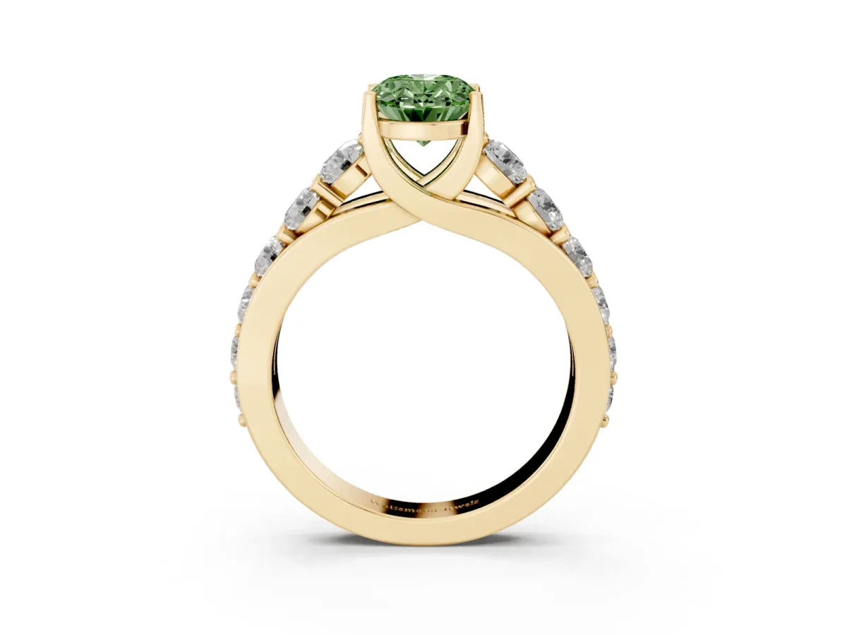 Fancy Green Oval Cut Diamond Engagement Ring with Pavé Band and Four-Prong Setting Yellow gold
