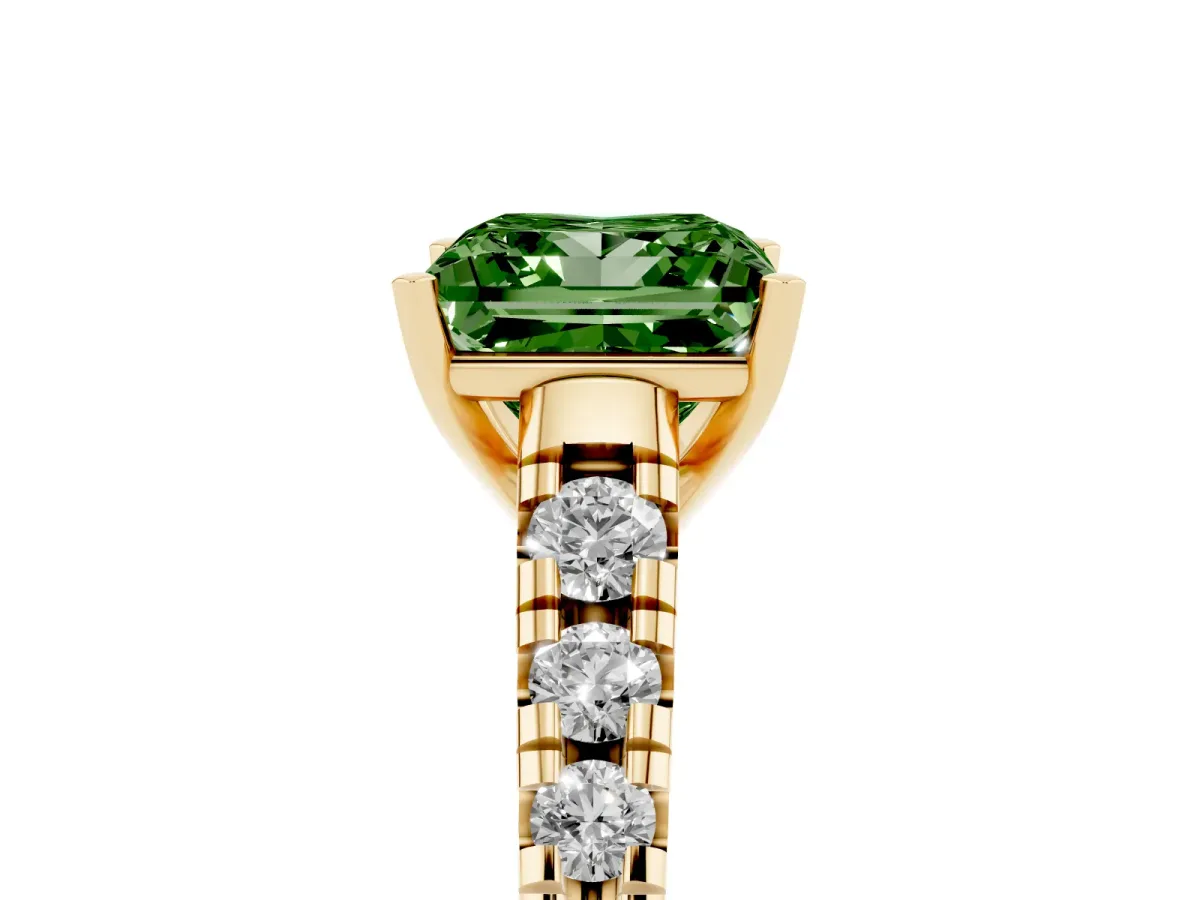 Fancy Green Princess Cut Diamond Cathedral Solitaire Ring with Round Pavé Band Yellow gold