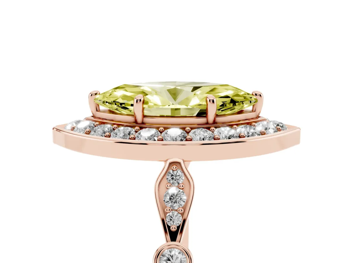 Fancy Yellow Marquise Cut Halo Diamond Engagement Ring with Twisted Band and Four-Prong Setting Rose gold