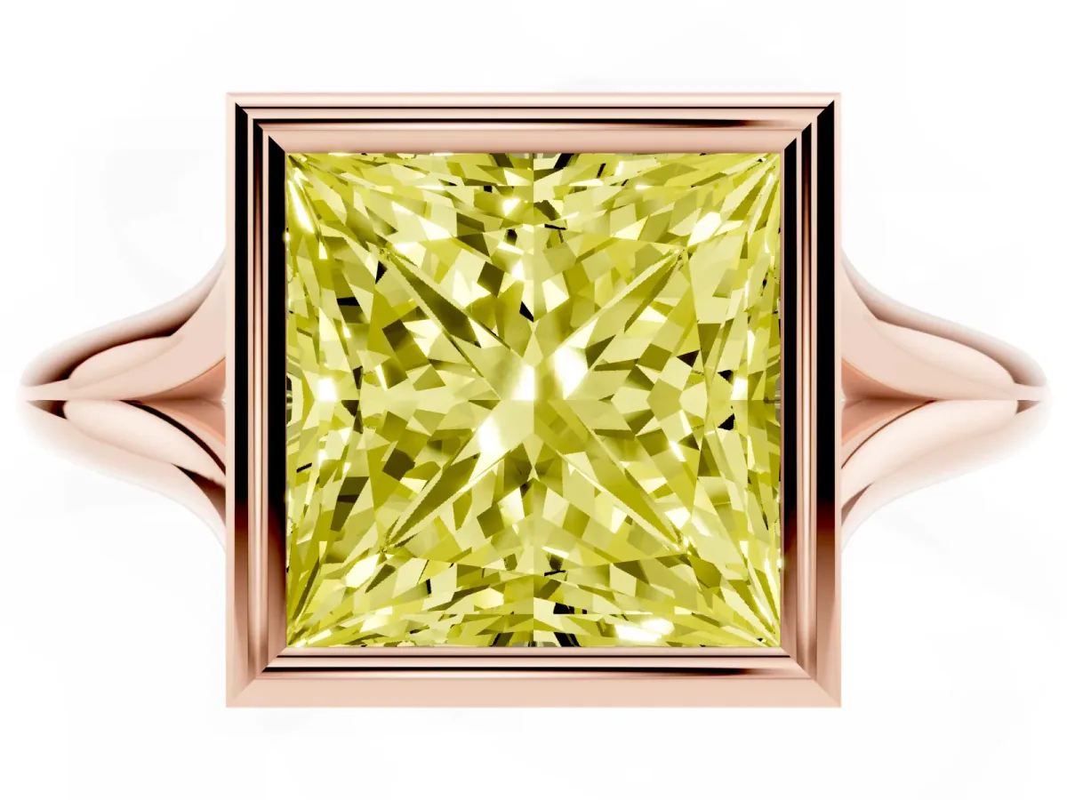 Fancy Yellow Bezel Set Princess Cut Cut Solitaire Ring with Tapered Band Rose gold