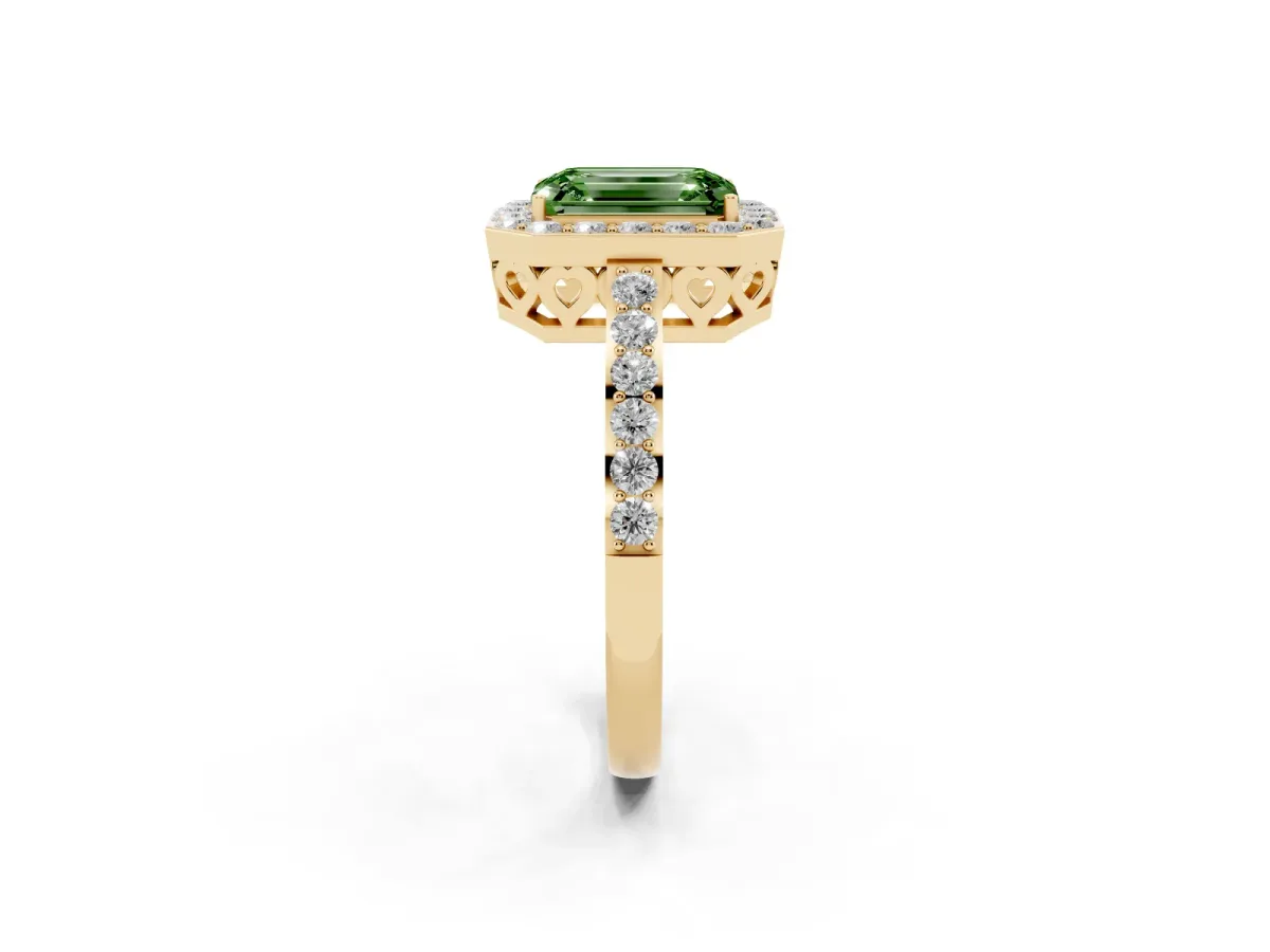 Fancy Green Emerald Cut Halo Diamond Pavé Band Ring with Prong Setting Yellow gold