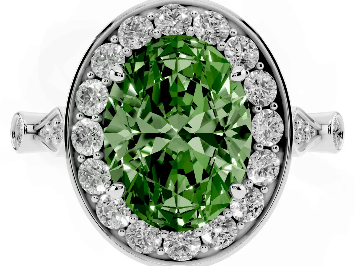 Fancy Green Oval Cut Halo Diamond Engagement Ring with Twisted Band and Four-Prong Setting White gold